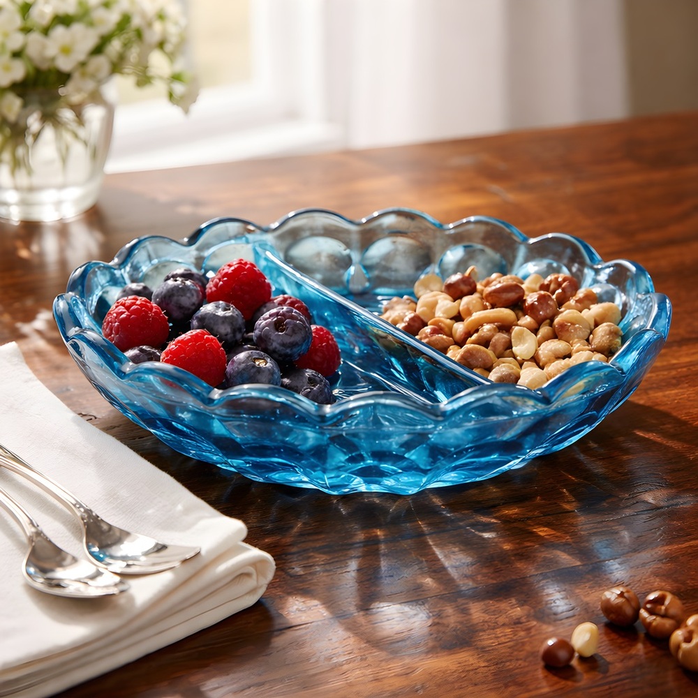 Vintage Anchor Hocking Fairfield Laser Blue Glass Divided Scalloped Oval Dish